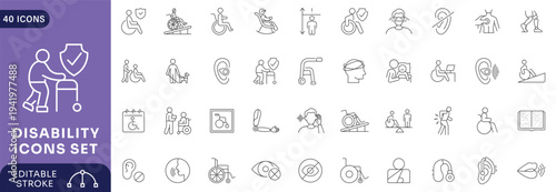 Disability icon set. featuring of physical and mental development, assistive devices, Etc .Fully Editable. Vector illustration.