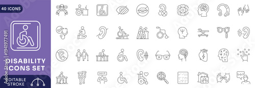 Disability icon set. featuring of physical and mental development, assistive devices, Etc .Fully Editable. Vector illustration.