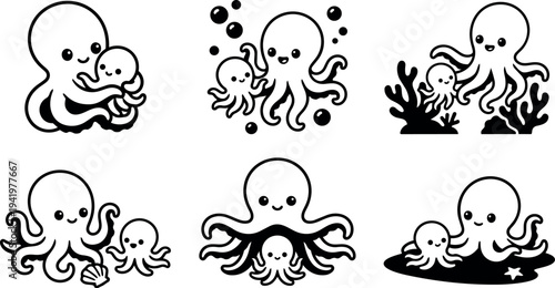 Cute smiling mother octopus hugging baby octopus with underwater elements simple black and white vector art collection