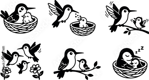 Black and white vector art showing hummingbird feeding baby birds and resting mother bird with chicks in nest peaceful nature scenes