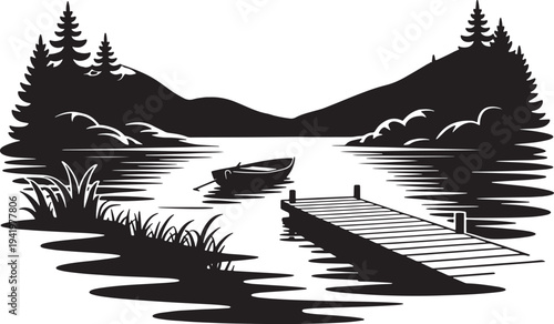 a black and white image of a dock on a lake Vector, illustration