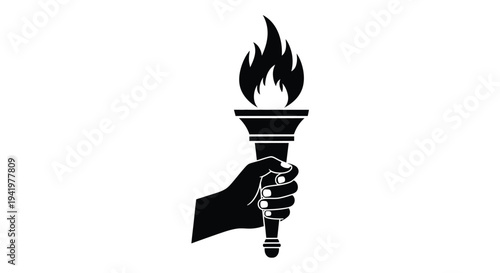 A hand holding a flaming torch stark black and white silhouette