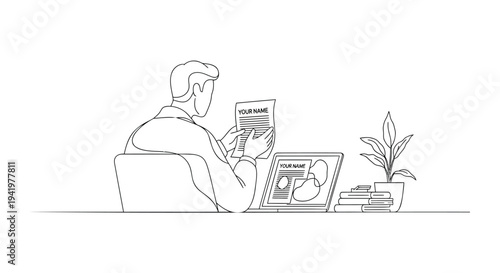 Vector illustration of man working on laptop and holding document