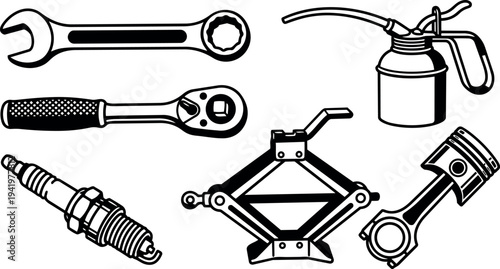 Black and white line art car maintenance tools set including wrench ratchet oil can jack piston and spark plug vector illustration