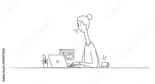Vector illustration of a woman working on laptop with plant and coffee