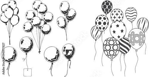 Balloon Outline Clipart Set – Hand Drawn and Sketch Style Inflatable Balloons on String with Card, Black Outline Cartoon Bunch Vector Illustration