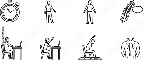 Essential black line icons illustrating office ergonomics worker health posture stretching exercises and time management for workplace wellness