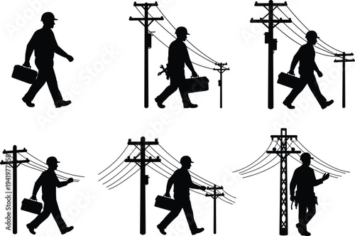 Utility worker silhouette, power line maintenance, toolbox inspection, electrical repair, transmission tower service, urban infrastructure, repair work illustration