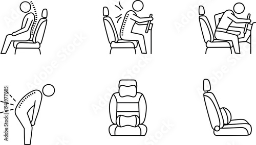 Ergonomics and proper posture line icon set illustrating good and bad seating positions with back pain and lumbar support concepts