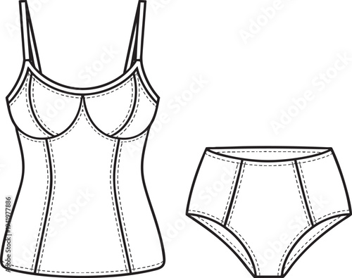Lingerie set drawing: camisole top with straps and high waisted briefs.