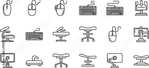 Ergonomic computer accessories and office furniture line icons set featuring mice keyboards and adjustable chairs vector illustration