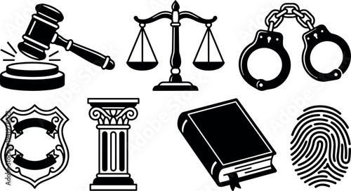 Black and white vector icons of justice gavel scales handcuffs police badge law book and fingerprint illustrations for legal design