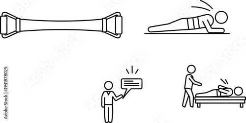 Diverse health and wellness outline icons illustrating skincare tools fitness exercises communication and therapy concepts