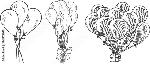 Hand Drawn Balloon Vector Set – Sketch Style Inflatable Balloons on String, Doodle Collection Isolated on White Background Illustration