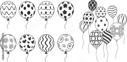 Black and White Balloon Outline Clipart Set – Inflatable Floating Balloons, Doodle and Cartoon Bunch, Isolated on White Background Vector Illustration