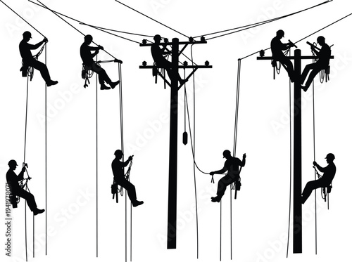 Utility workers silhouette, power line maintenance, climbing safety harness, electrical repair teamwork, urban infrastructure, repair service, high-risk job illustration