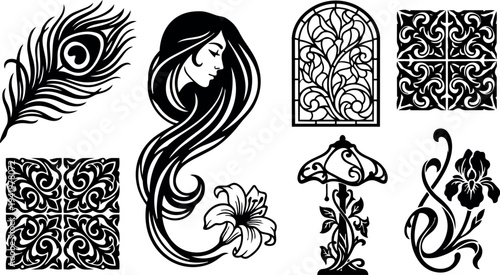 Art nouveau style ornamental woman face with long flowing hair floral elements stained glass lamp and decorative floral patterns vector art set