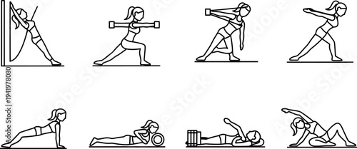 Diverse collection of women performing various fitness exercises as outline vector icons for healthy lifestyle and workout routines