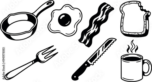 Black and white vector kitchen icons frying pan fried egg crispy bacon slice of bread coffee cup fork and serrated knife set