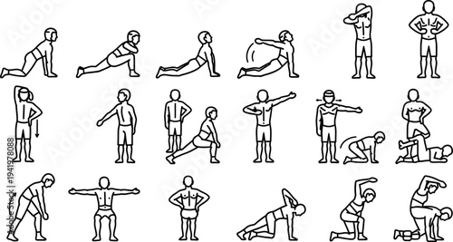 Diverse group of people performing various stretching and fitness exercises for a healthy active lifestyle outline vector