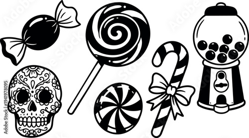 Black and white vector art sugar skull candy assortment with wrapped candy lollipop candy cane and gumball machine outline design