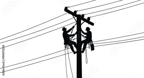 Utility workers silhouettes, linemen climbing pole, power line maintenance vector, electricity infrastructure artwork, black design icons, engineering safety illustration, energy distribution graphics