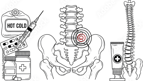 Detailed medical illustration depicting various back pain treatment options including medication injections hot cold therapy and topical cream for spine health