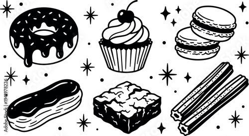 Black and white vector art of dripping chocolate donut cupcake with cherry macarons eclair brownie and churros in retro style