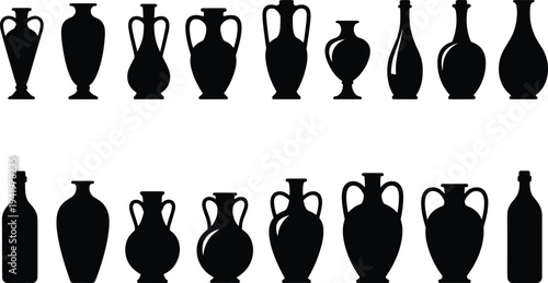 Vase and bottle silhouettes, classical and modern vessel shapes, amphora, decorative pottery, design diversity, art history, ceramic illustration set