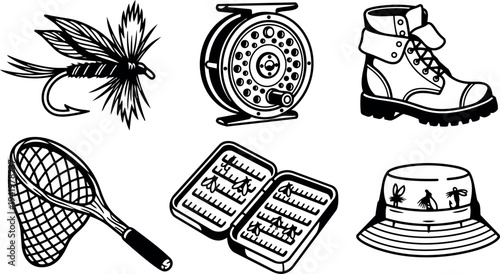 Black and white vector art set of fishing gear including fly fishing lure reel boots net box and hat detailed line drawing collection