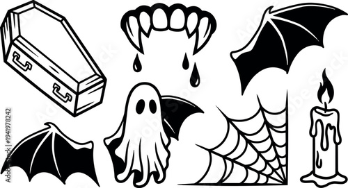 Black and white vector art of spooky halloween elements including coffin vampire teeth ghost wings candle and spider web decorations