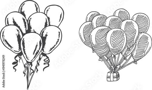 Hand Drawn Doodle Balloon Set – Sketch Style Inflatable Balloons on String with Curly Ribbon Bunch, Cartoon Celebration Party Vector Illustration