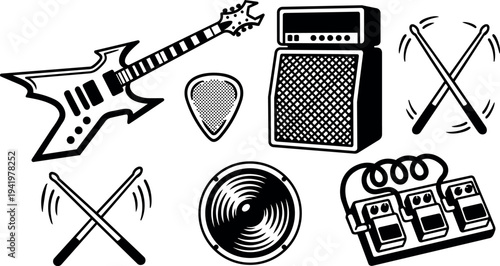 Black and white vector art of electric guitar amplifier drumsticks guitar pick and audio effects pedals set in flat design style