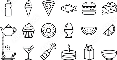 Vector Set of Food and Drink Line Icons Featuring Pizza, Burger, Ice Cream, Coffee, Champagne, Cake, Fish, Cheese, and Gourmet Elements