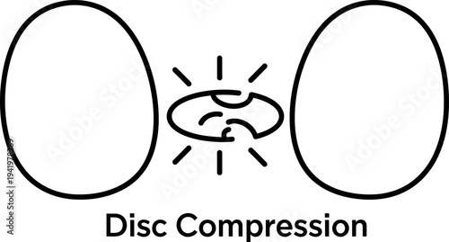 Detailed black outline vector icon illustration depicting spinal disc compression causing discomfort and pressure between two anatomical structures signifying pain in the human back