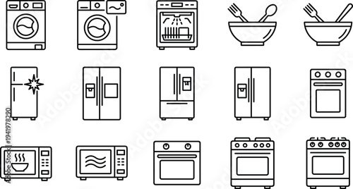 Vector Set of Kitchen Appliance Line Icons Featuring Refrigerator, Washing Machine, Dishwasher, Oven, Microwave, Stove, Bowls, and Home Household Elements