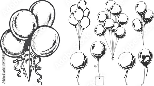 Sketch Balloon Set with String and Card – Inflatable Balloons Bunch with Curly Ribbon, Retro Style Celebration Party Vector Illustration