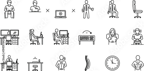 Comprehensive set of office ergonomics icons illustrating correct posture healthy workspace and wellbeing practices for desk workers to prevent pain and improve productivity
