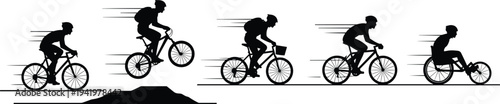 Cycling silhouettes sequence, flat ground rider, ramp jump cyclist, backpack bicycle commuter, forward‑leaning pedaler, adaptive handcycle athlete, speed motion lines illustration