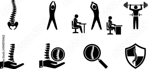 Comprehensive set of human spine health icons depicting good and bad posture exercise medical care and protection in one collection