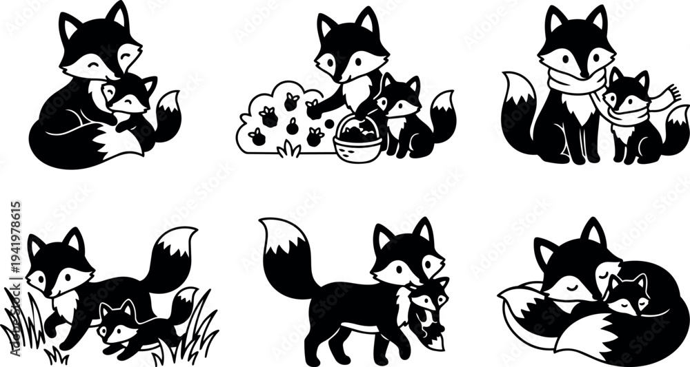 Obraz premium Flat design black and white fox family illustrations showing different activities including hugging walking and gathering with basket in nature