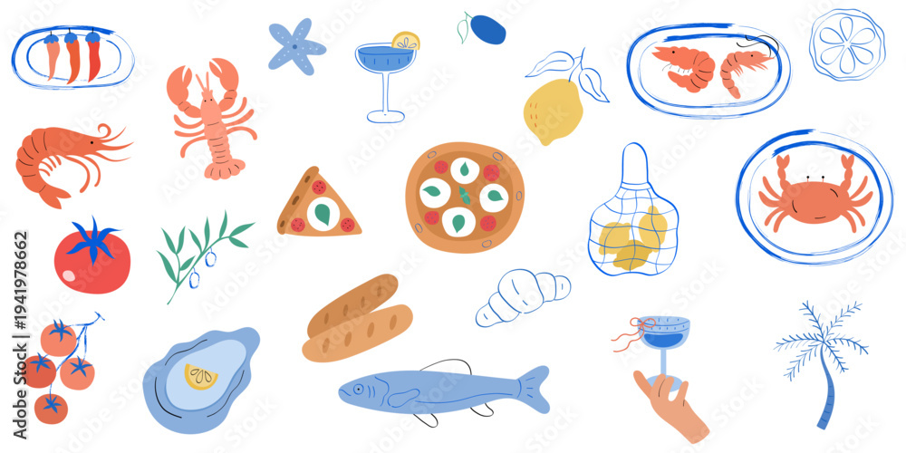 Obraz premium Summer mediterranean food vector set – hand drawn seafood, lemon, wine and culinary elements