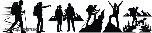 Hiking and mountaineering silhouettes, trekking poles, mountain climber rope ascent, peak victory pose, hikers with dog, outdoor adventure illustration