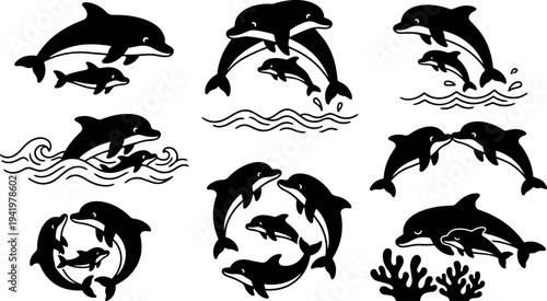 Black silhouette dolphins jumping playing swimming with baby dolphins in ocean waves and coral vector art set