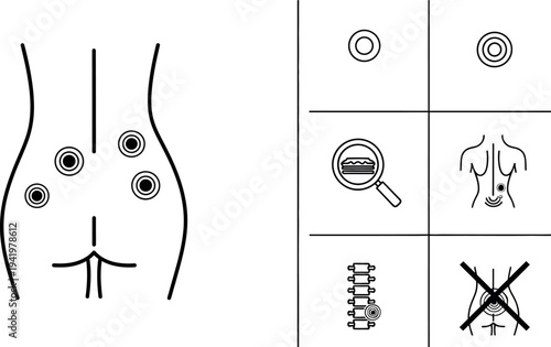 Comprehensive line art vector icon set illustrating human back pain spinal problems dietary impacts and potential injection points