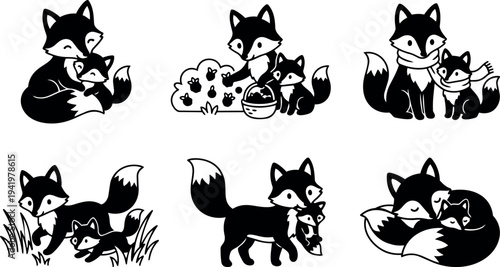 Flat design black and white fox family illustrations showing different activities including hugging walking and gathering with basket in nature