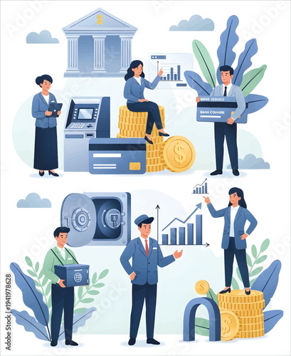 Financial banking services with people interacting with ATMs, credit cards, and currency, symbolizing secure transactions and wealth management vector design