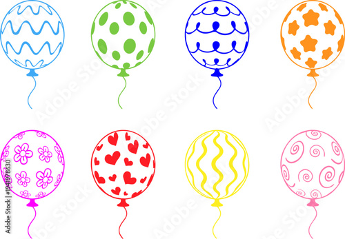 Colorful Birthday Balloon Clipart Set – Printed Pattern Inflatable Balloons with Stars, Dots and Curves, Paper Cut Style Party Celebration Vector Elements