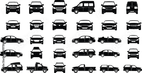 Vehicle silhouettes, car vector icons, SUV sedan van truck convertible hatchback, black automobile illustration, transport design, side 