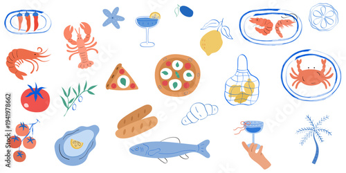 Summer mediterranean food vector set – hand drawn seafood, lemon, wine and culinary elements